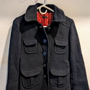 Black Utility Jacket with Tailored Silhouette and Red Lining